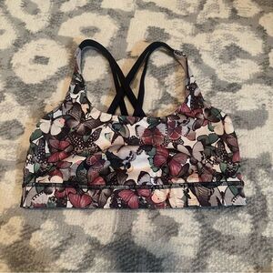 Lululemon Energy Sports Bra Butterfly Print Black Crossover Strap Size 6 No Pads